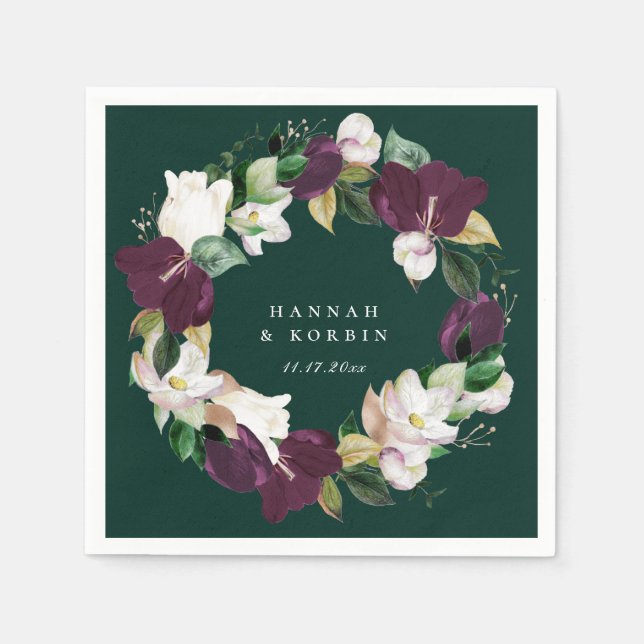 Ivory White Plum Lila Floral Wreath Emerald Serviette (Vorderseite)