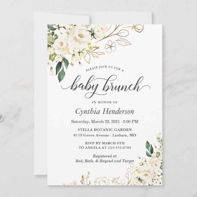 Ivory White Rose Blumenspulendusche Brunch Einladung (Vorderseite)