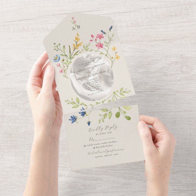 Ivory Wildflower Photo Wedding All In One Einladung (Abreißen)
