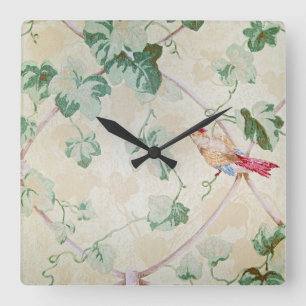 ivy and bird design retro wallpaper quadratische wanduhr
