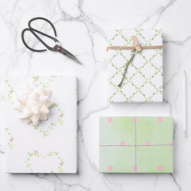 Ivy Hearts, Trellis und Dots Assorted Geschenkpapier Set (Vorderseite)