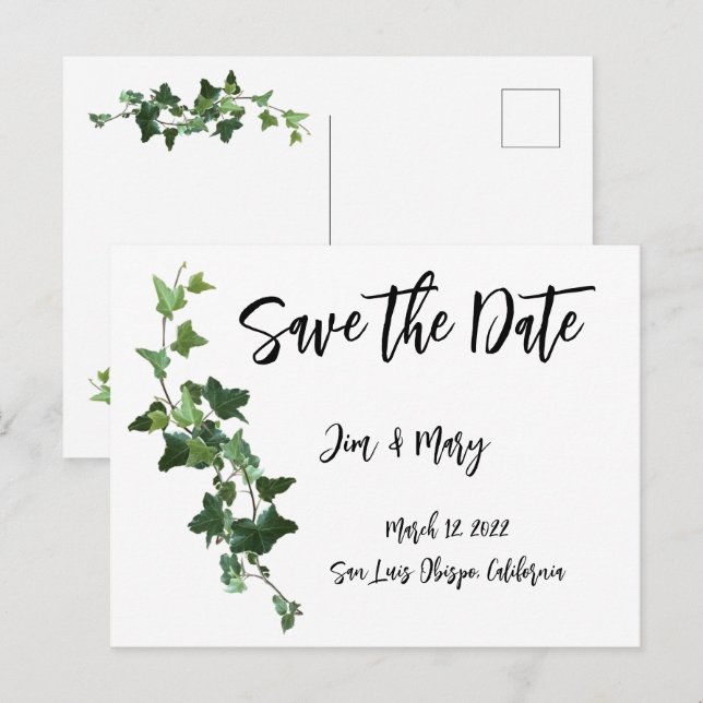 Ivy Save the Date Postcard Botanische Blätter Postkarte (Vorne/Hinten)