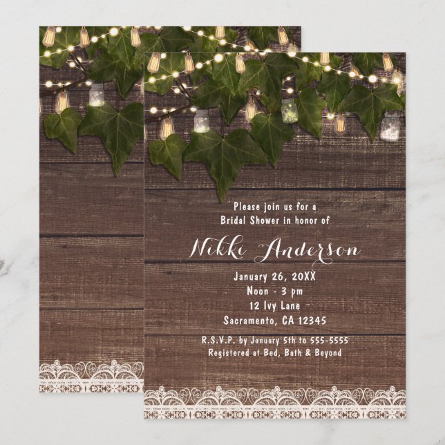 Ivy & String Lights Mason Jar Invitations rustique (Devant / Derrière)
