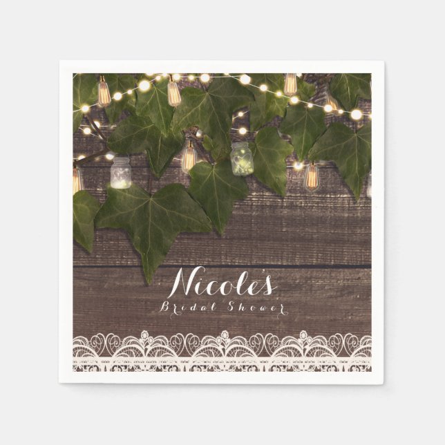 Ivy & String Lights Mason Jar Rustikaler Empfang Serviette (Vorderseite)