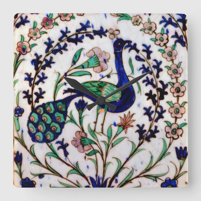 Iznik Pfauenhalle Quadratische Wanduhr (Vorderseite)