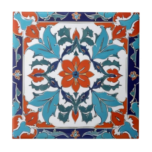 Iznik Türkische Blume Orange Red Blue White Floral Fliese (Vorderseite)