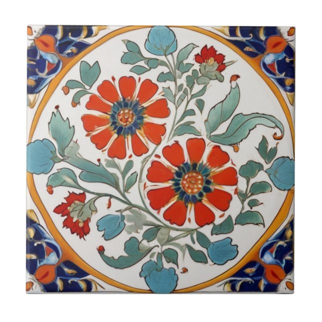 Iznik Türkische Blume Rotes Orange Blaues Creme Fliese (Vorderseite)
