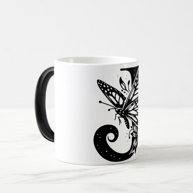 J Alphabet black butterfly Verwandlungstasse (Vorderseite Links)