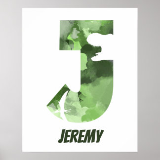 "J" Aquarelle Dinosaure Vert Poster du nom de l'en