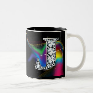"J" Diamant Bling auf Rainbow Swirl Tasse