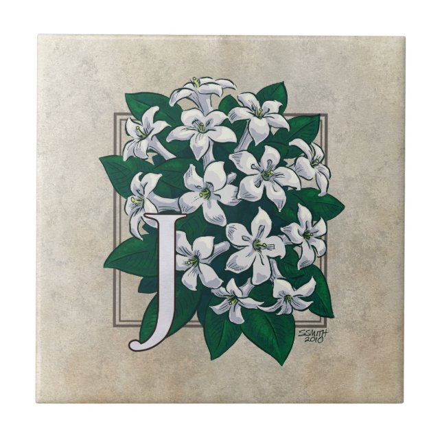 J für Jasmine Blume Monogram Fliese (Vorderseite)