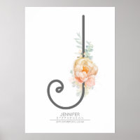 J Letter Monogram Blush Peach Floral Wohngestaltun