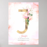 J Letter Monogram Gold Blätter Pink Magnolia Flora