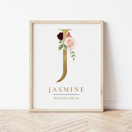 J Letter Monogram Name Marsala Floral Kinderzimmer Poster