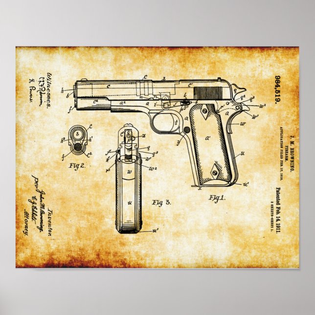 J.M Browning M1911 Pistol Patent Poster (Vorne)