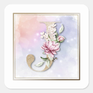 J Monogram Burgundy Floral Square Sticker