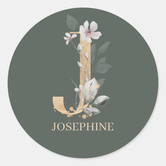 J Monogram Floral Personalisiert Runder Aufkleber (Vorderseite)