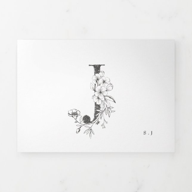 'J' Monogram Schöne gezeichnete Blumenhochzeit Dreifach Gefaltete Einladung (Cover)