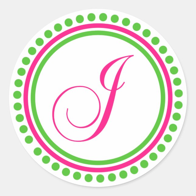 J Monogramm (Hot Pink / Green Dot Circle) Runder Aufkleber (Vorderseite)
