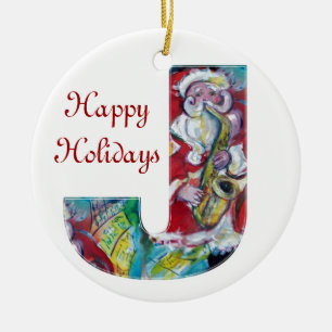 J SCHREIBEN /SANTA UND SAX, CHRISTMAS PARTY MONOGR KERAMIKORNAMENT