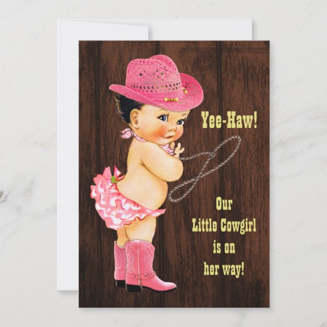Ja-Haw! Brünett Cowgirl Rustic Baby Dusche Einladung (Vorderseite)