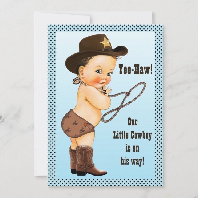 Ja-Haw! Brünette Cowboy-Babydusche Einladung (Vorderseite)
