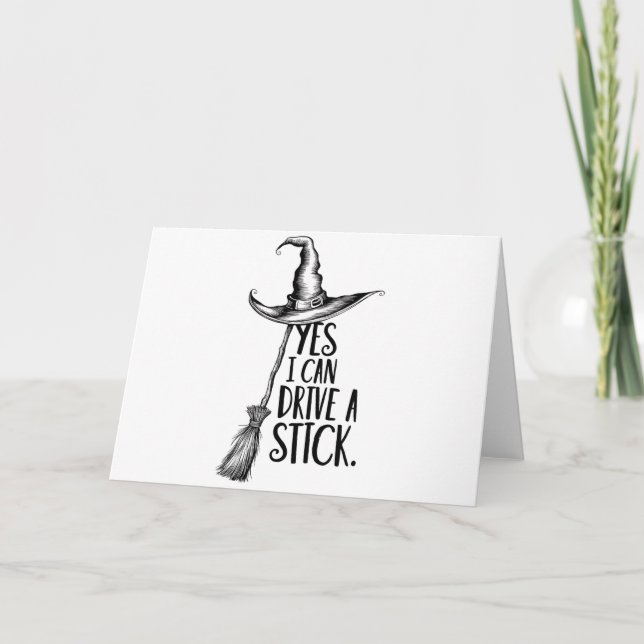"Ja, ich kann einen Stick fahren" Hexenpuppe Karte (Vorderseite)