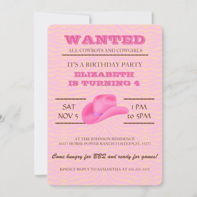 JA! Rosa Cowgirl Geburtstagsparty Einladung (Vorderseite)