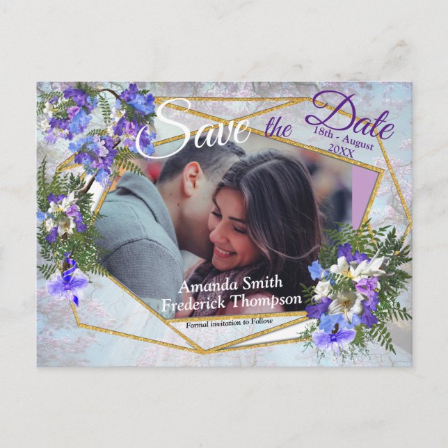 Jacaranda Blooms & Lily Bouquet rette die Daten Ankündigungspostkarte (Vorderseite)