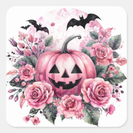Jack-an-Lantern mit rosa Rosen und Fledermäusen Quadratischer Aufkleber