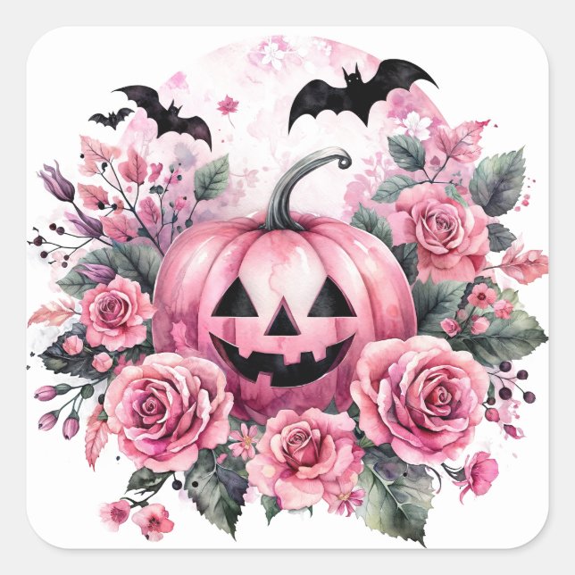 Jack-an-Lantern mit rosa Rosen und Fledermäusen Quadratischer Aufkleber (Vorderseite)