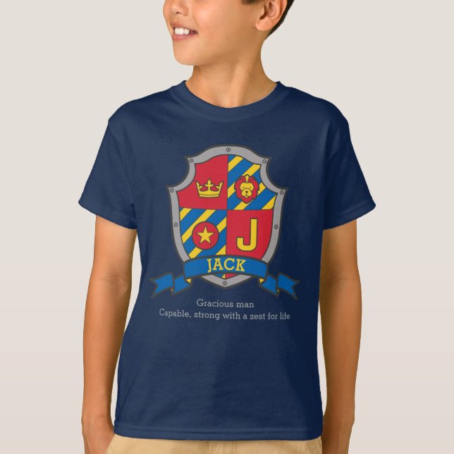 Jack J Buchstabenname bedeutet Wappen Ritter Schil T-Shirt (Vorderseite)