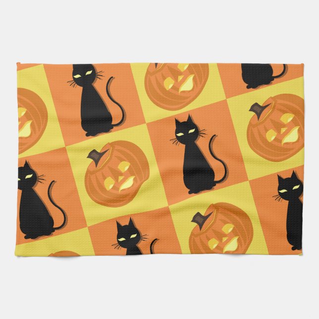 Jack-o’-lantern and cat kitchen towel. geschirrtuch (Horizontal)