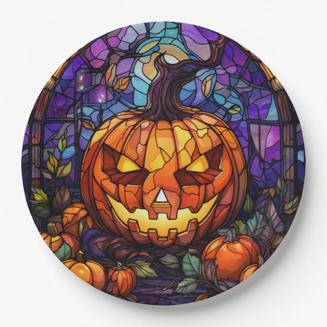 Jack-o'-Lantern aus Hartglas: Geräumige Eleganz Pappteller (Vorderseite)