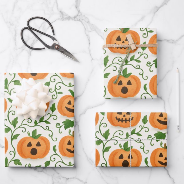Jack-O’-Lantern gemustert Geschenkpapier Set (Vorderseite)
