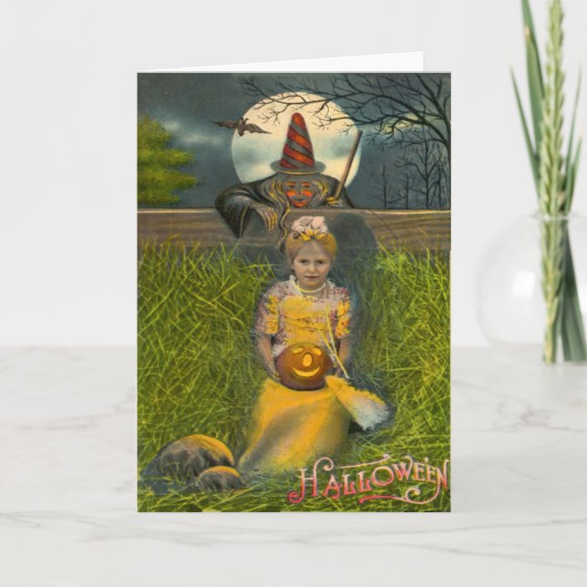 Jack O' Lantern Girl Witz Bat Vollmond Karte (Vorderseite)