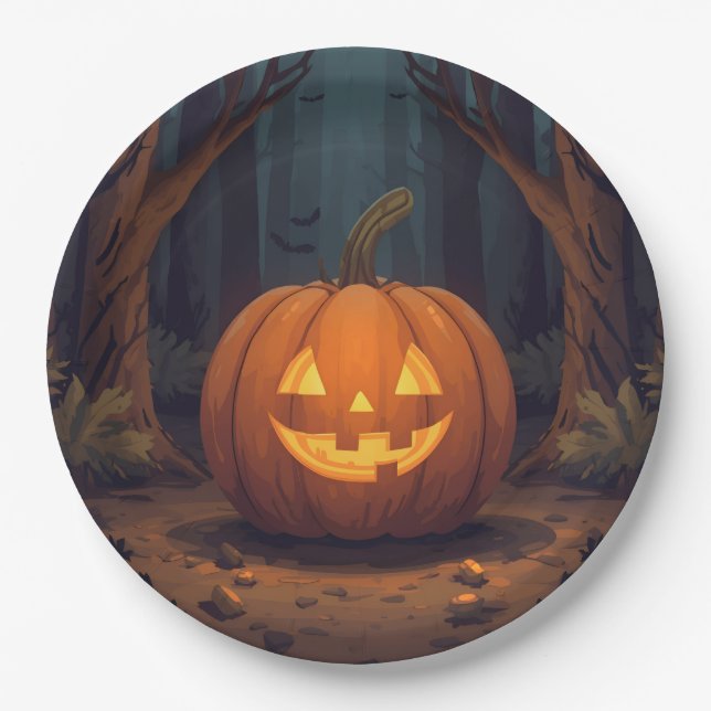 Jack O' Lantern glühen im Wald Pappteller (Vorderseite)