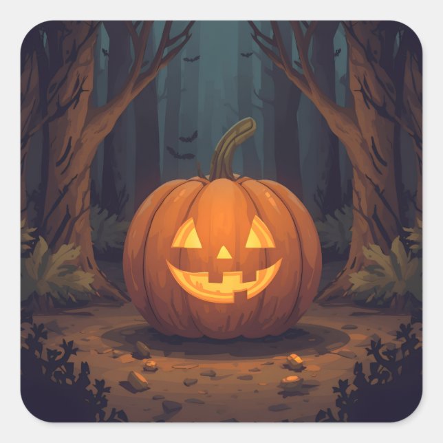 Jack O' Lantern glühen im Wald Quadratischer Aufkleber (Vorderseite)