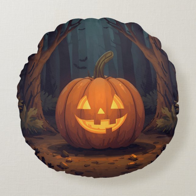Jack O' Lantern glühen im Wald Rundes Kissen (Vorderseite)