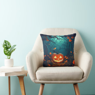 Jack-O' Lantern in einem gruseligen WaldHalloween Kissen