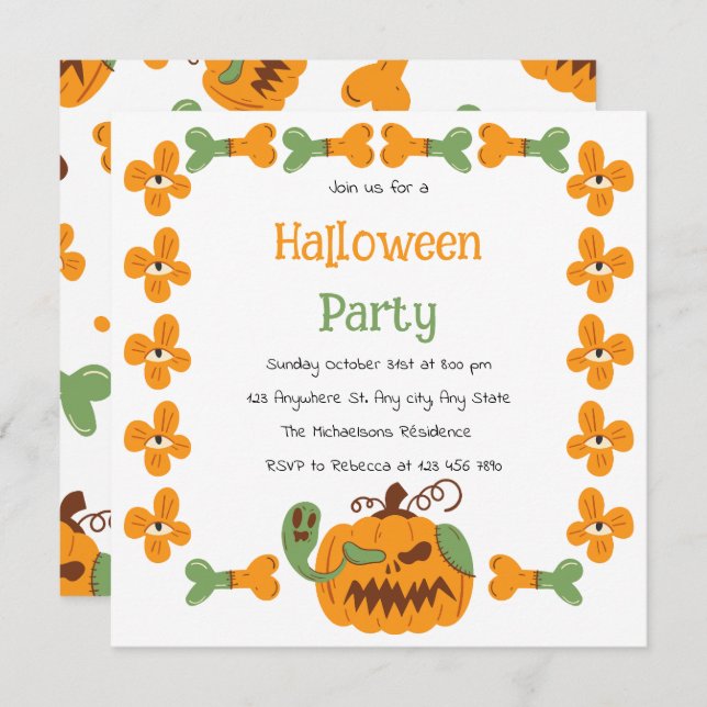Jack-o'-Lantern & Knochen Spooky-Halloween-Party Einladung (Vorne/Hinten)