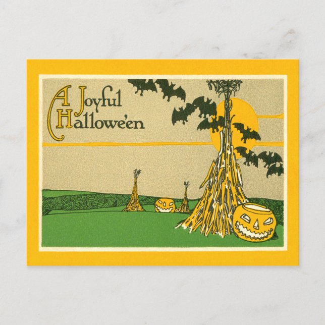 Jack O' Lantern Pumpkin Haystack Bat Postkarte (Vorderseite)