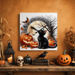 Jack O' Lantern und Schwarze Katze Halloween Wall Quadratische Wanduhr