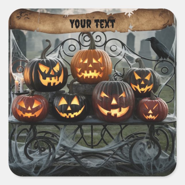 Jack-o'-Lanterns mit Spinnennetzen Quadratischer Aufkleber (Vorderseite)