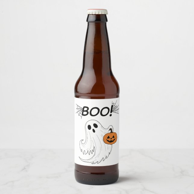 Jack-o’-Laterne und ein weißes Ghost-Boom Hallowee Bierflaschenetikett (Vorderseite)