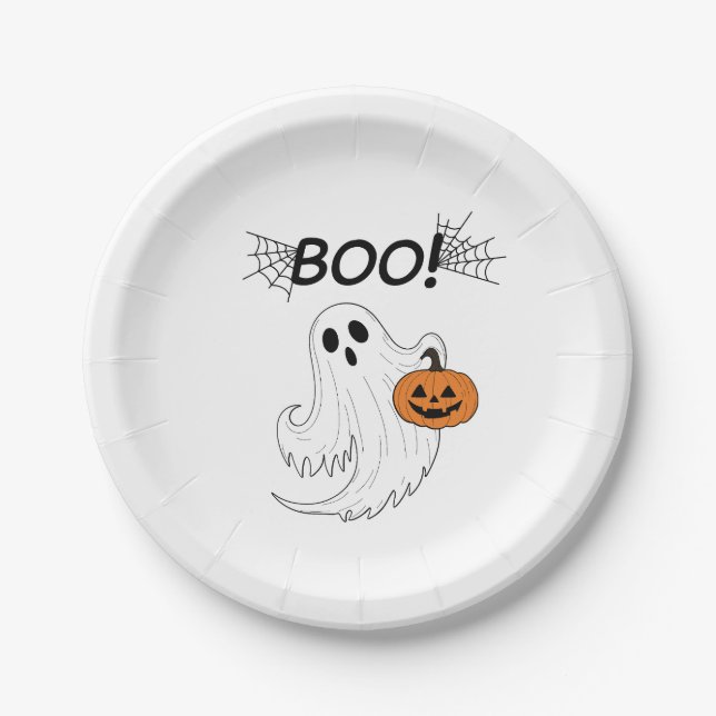 Jack-o’-Laterne und ein weißes Ghost-Boom Hallowee Pappteller (Vorderseite)