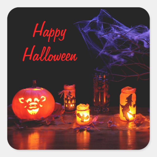 Jack-O-Laterne und Kerzen-Aufkleber Quadratischer Aufkleber (Vorderseite)