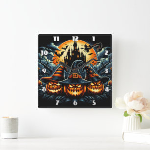 Jack-o'-Laternen leuchten unter Mondlicht Quadratische Wanduhr