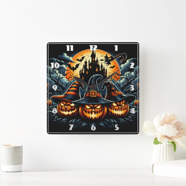 Jack-o'-Laternen leuchten unter Mondlicht Quadratische Wanduhr (Zuhause)