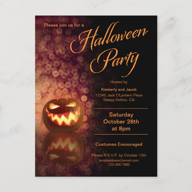 Jack O'Lantern Hallowen Party Schwarz + Orange Einladungspostkarte (Vorderseite)
